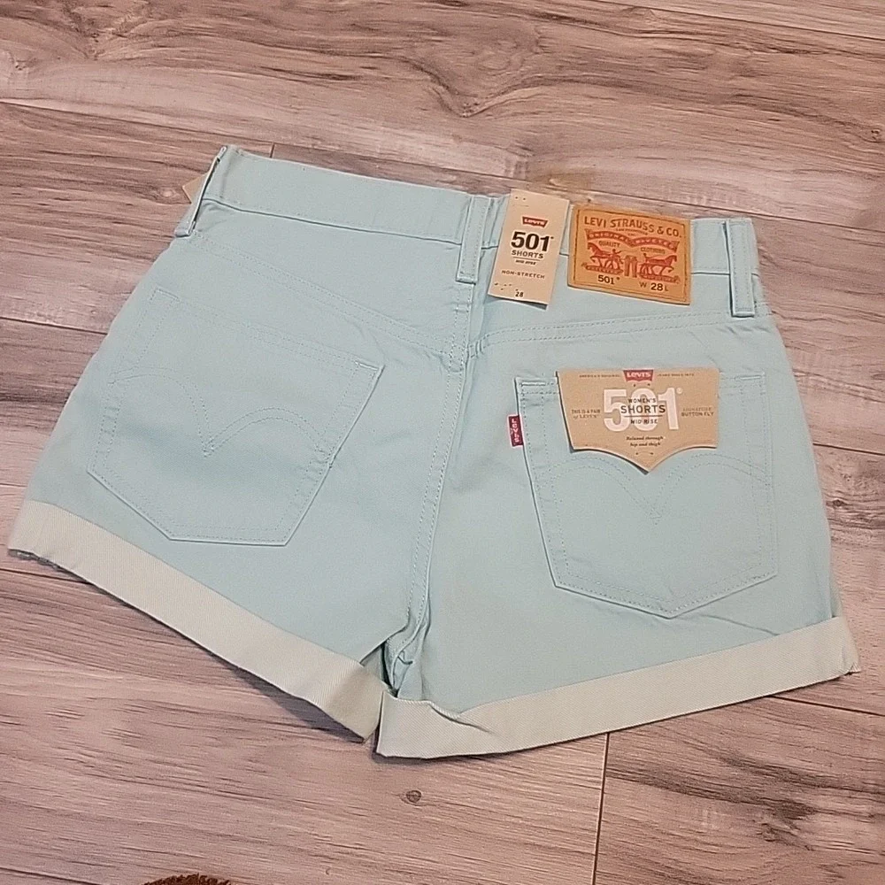 Levi's 501 Shorts Womens 28 Mint Green Mid Rise Cuff‎ Hem Denim Button Fly NEW